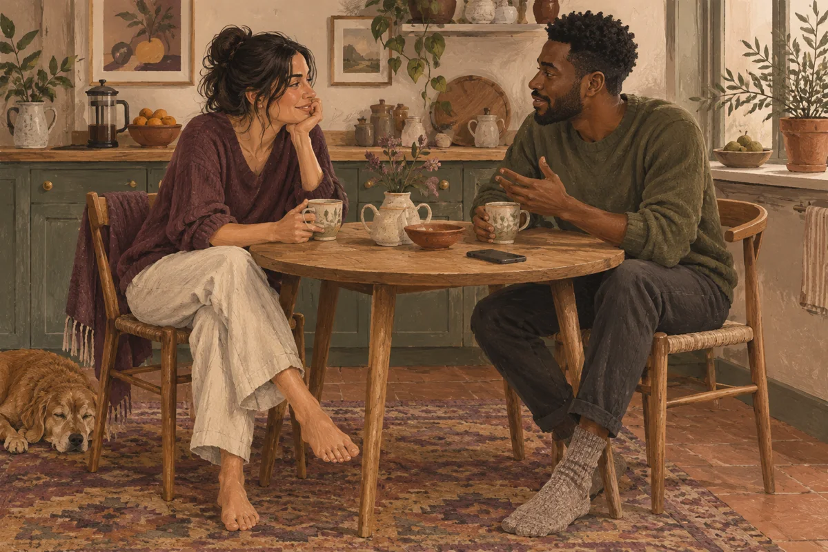 Illustration of a couple talking over tea at their kitchen table