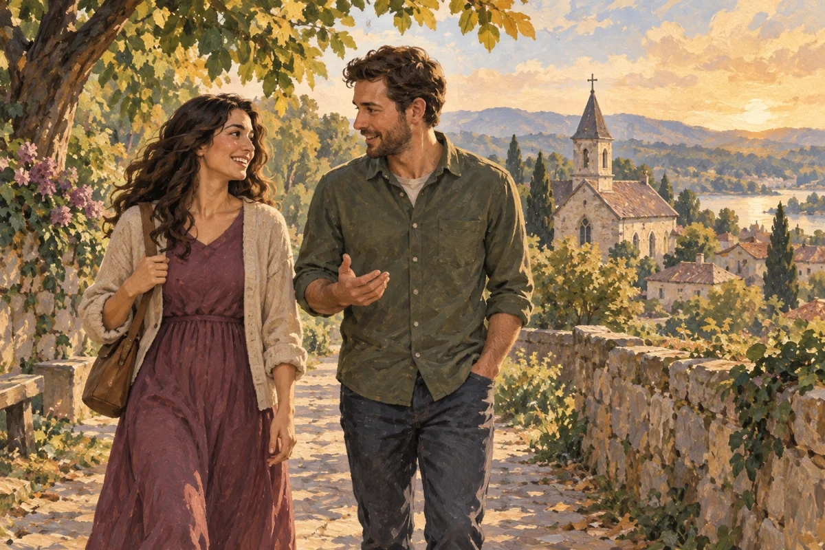 Illustration of two adults walking near a small stone church