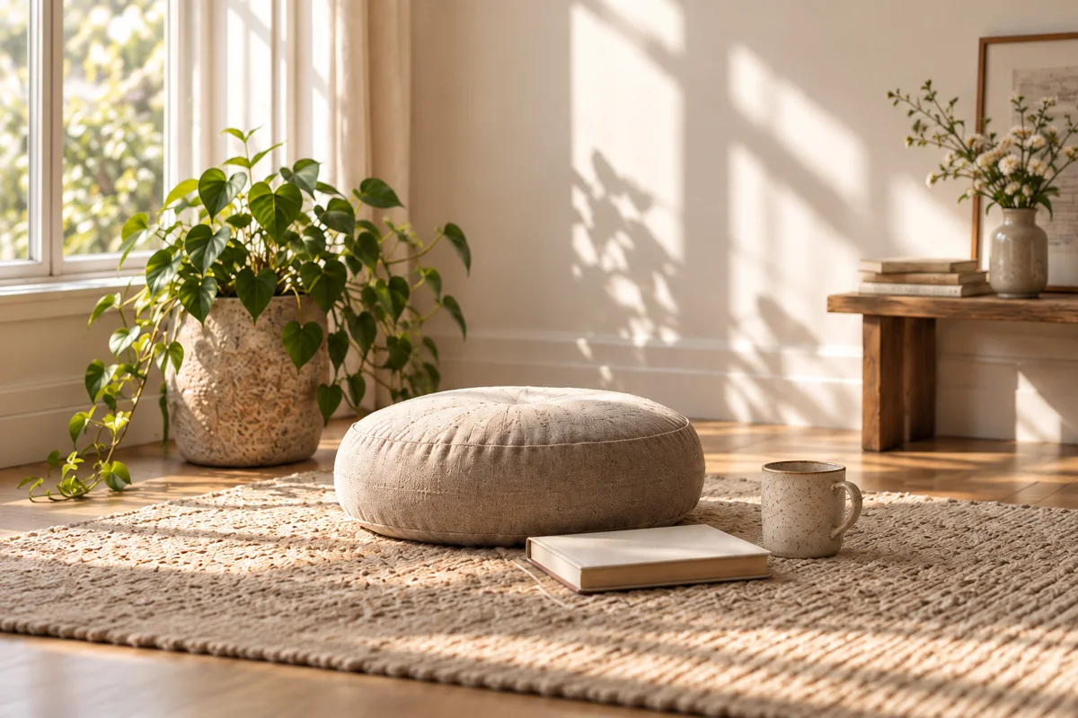 Sunlight across a meditation cushion in a quiet room